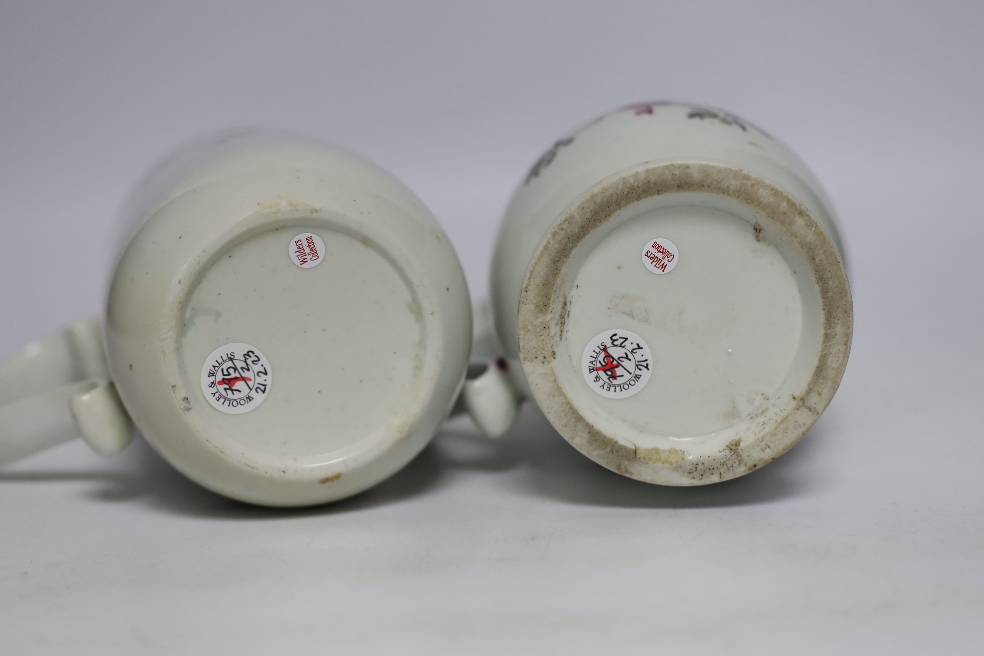 Two Derby mugs, c.1760-65, decorated with birds, tallest 14cm